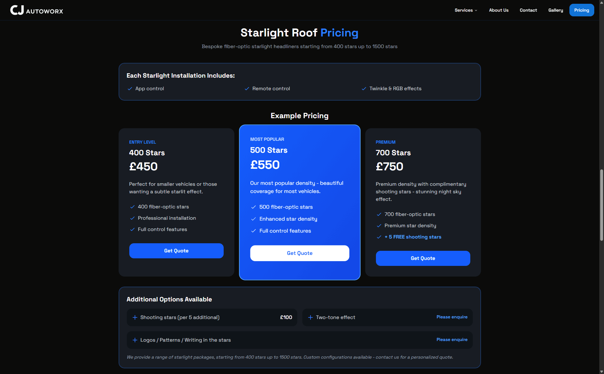 CJ Autoworx starlight pricing page